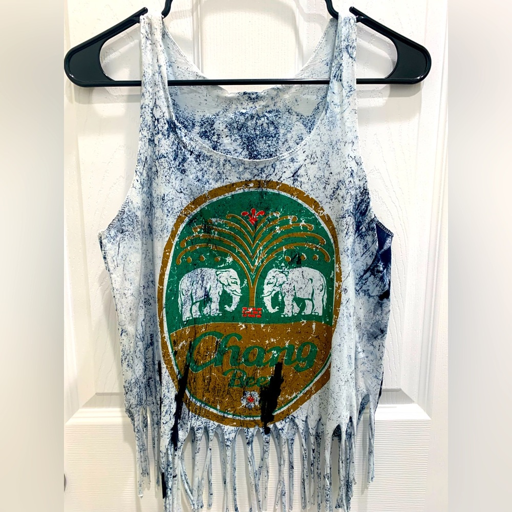 Tie Die, Chang Beer, crop top, tank top.